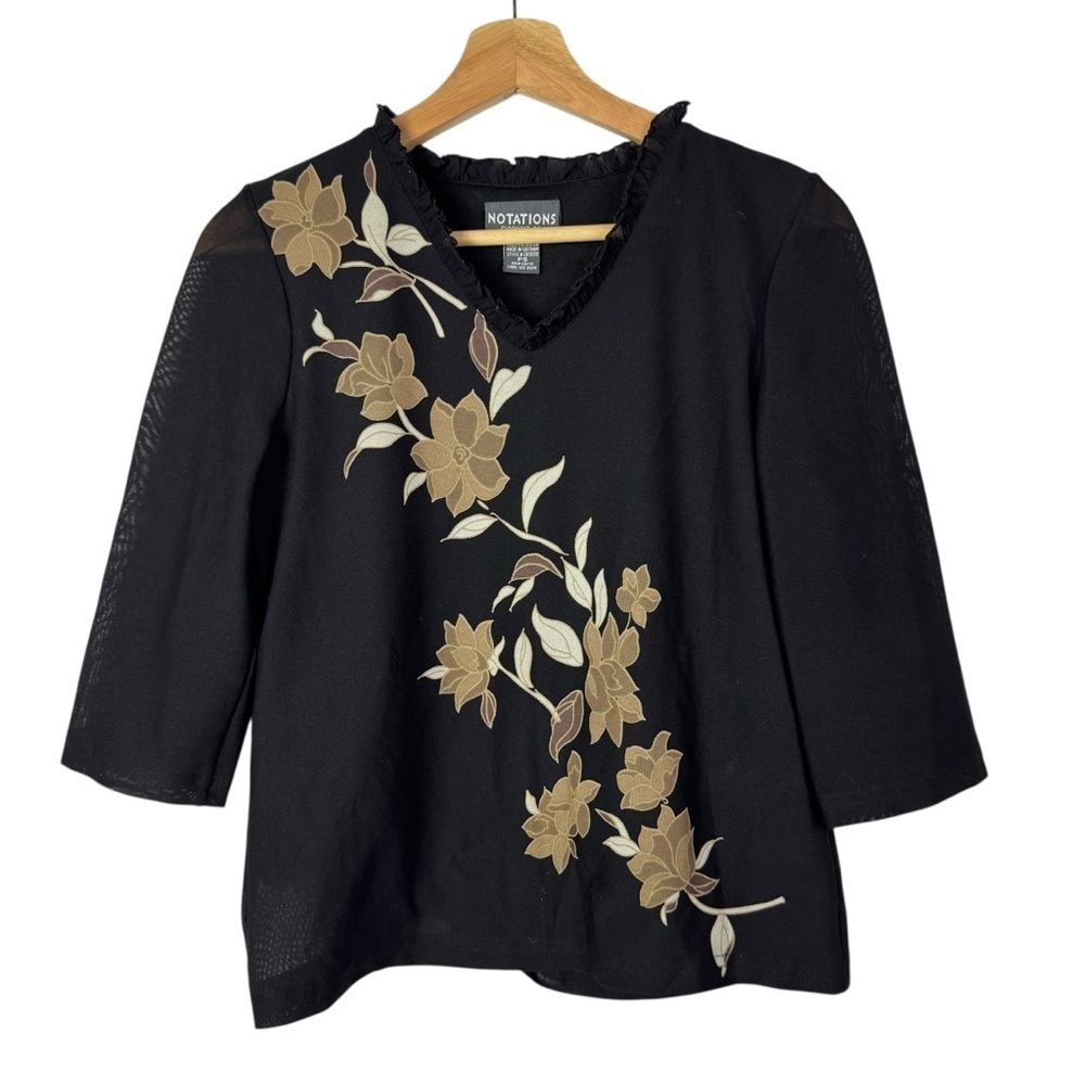 Vintage Notations Petite Black & Beige Floral Half Sleeve‎ Top S